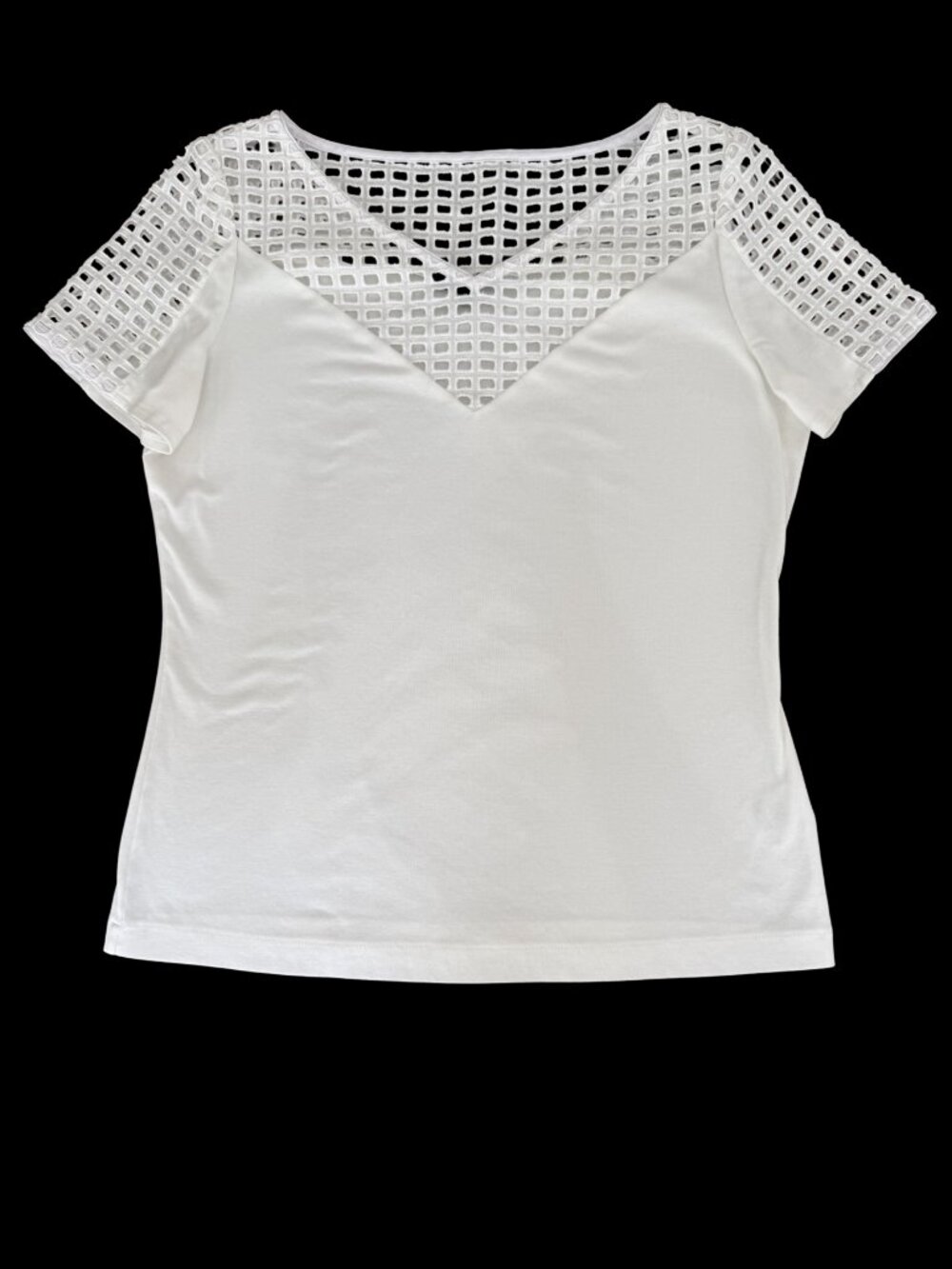 Lafayette 148 White Eyelet Mesh Yoke Top SZ M — V‑Neck Short Sleeve